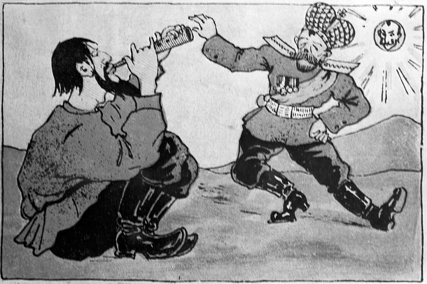 Великая страна СССР,Карикатура "Царь Николай II пляшет под дудку Распутина"