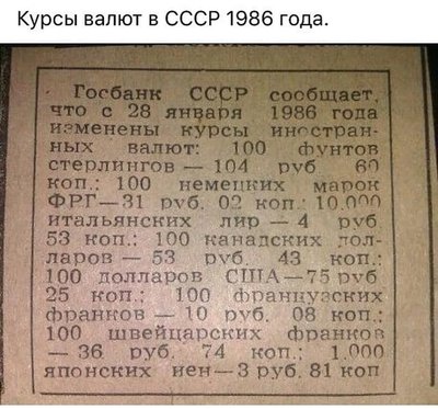 Великая страна СССР,Курсы валют - 28 января 1986 г.